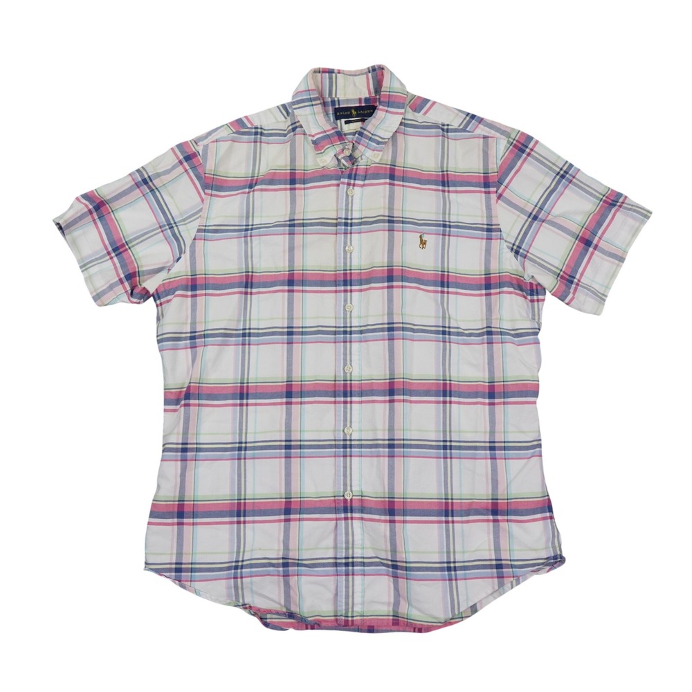 Ralph Lauren Shirt Men XL White Plaid Slim Fit Short‎ Sleeve Naked Pony Coastal